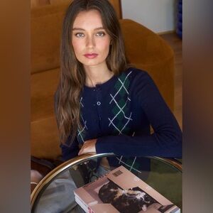 Workshop Studio, Navy Argyle Button Cardigan, Size S/M/L